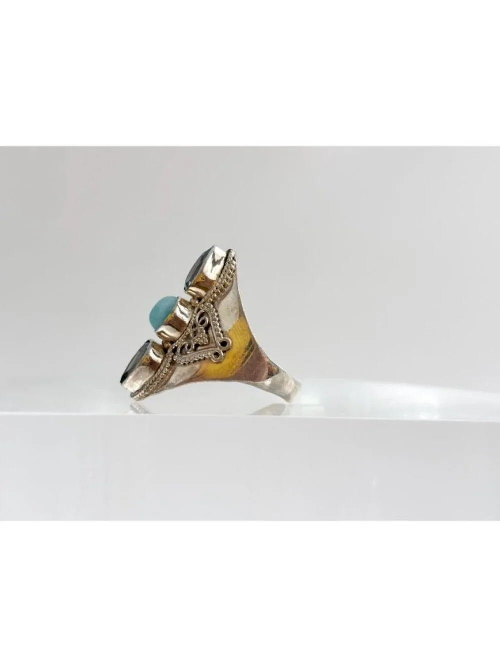 Larimar & Blue Topaz Gemstone Indian Sterling Silver 925 Vintage Ring - sz 9